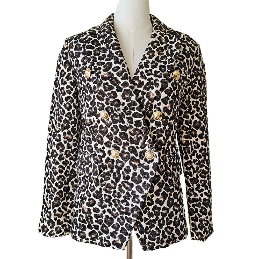 BOSTON PROPER Leopard Print Double Breasted Blazer Jacket Sz 6 Neutral Jacquard